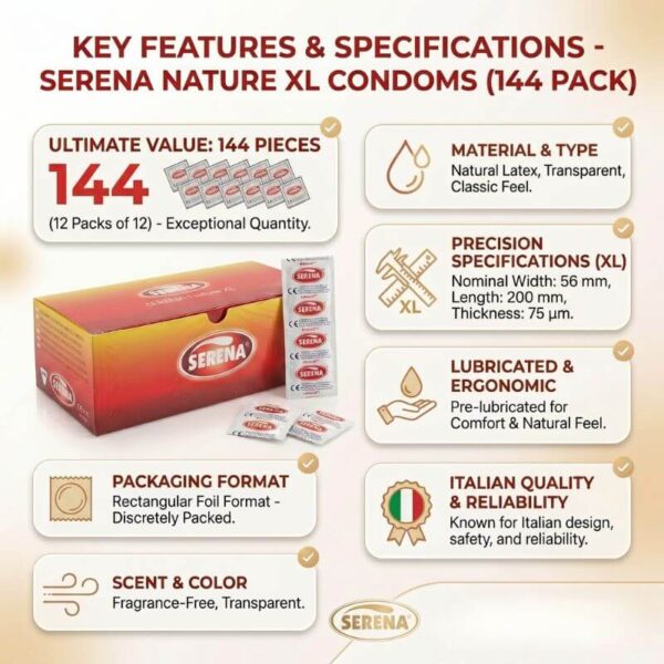 Condoms-Serena-Nature-XL-key-features-and-specifications.jpg Serena Nature XL Condoms - 144 pack