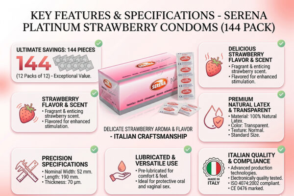 Condoms-Serena-Platinum-Strawberry-144x-Features.jpg Serena Platinum Strawberry Condoms - 144 pack
